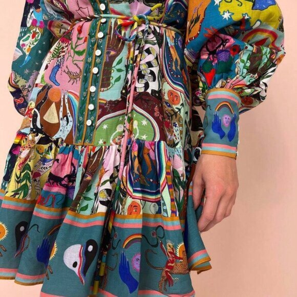 Multicolor Boho Women's Vacation Casual Retro Printed Tied Long Sleeve Dress - Picture 4 of 4